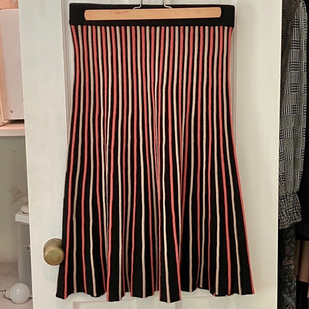 Pure Collection Ribbed Knit Skirt, Black, Tan and Orange Stripes, Size M